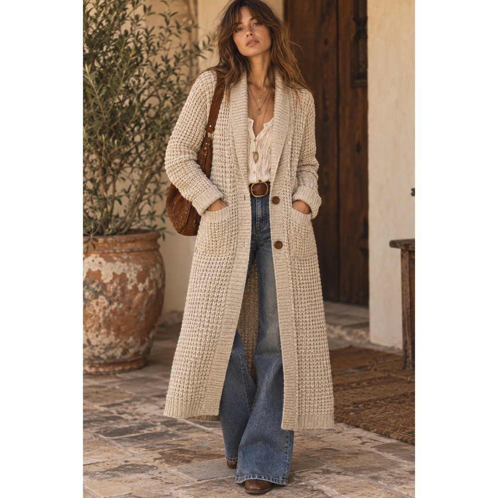 Vintage 70's Maxi Chunky Knit Mohair Wool Cardigan Beige Sweater Boho Fisherman